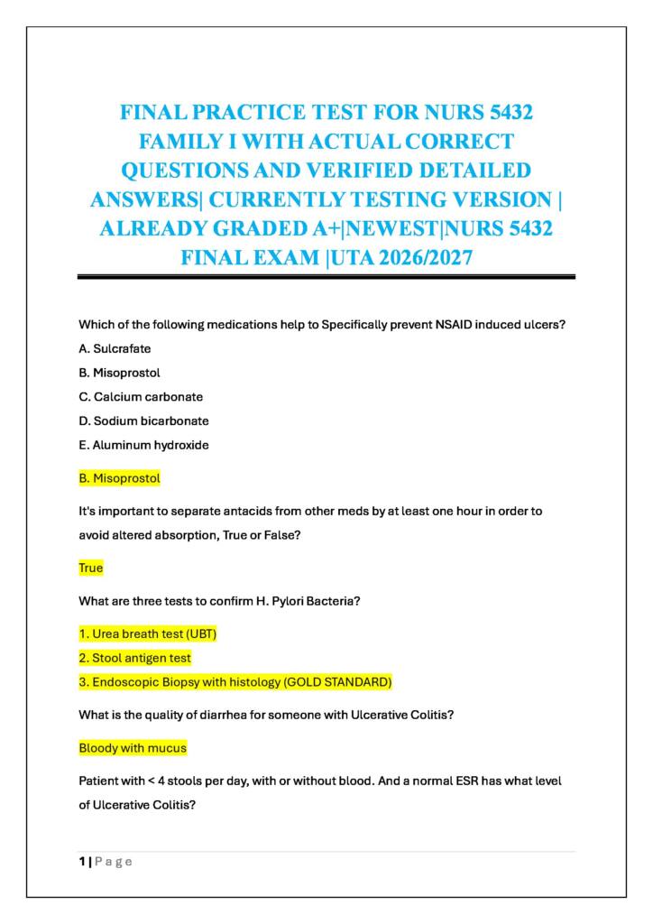 Family I (NURS 5432) 2026 Practice Test with questions and detailed answers