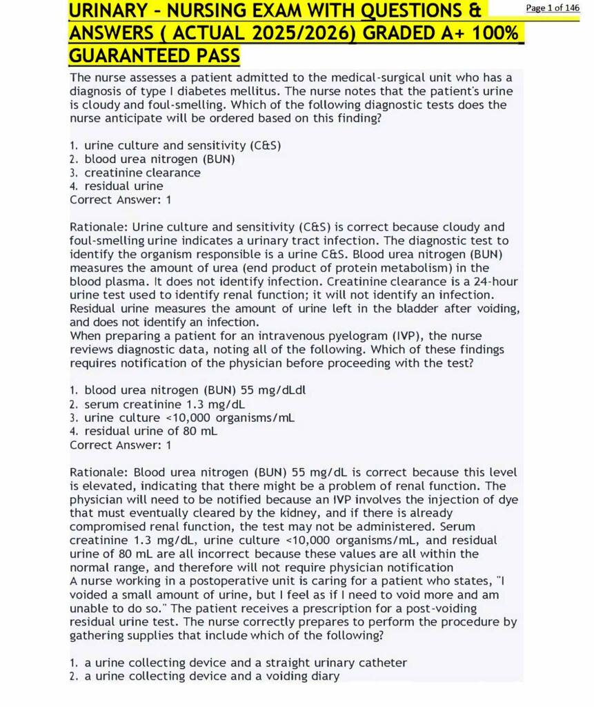 Urinary Nursing Exam (2026–2027) study guide with questions and answers