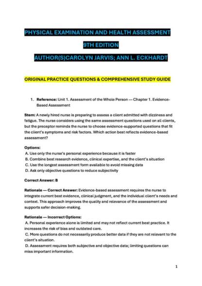 Physical Examination and Health Assessment 9th Edition | Jarvis & Eckhardt | Nursing Study Guide & Practice Questions