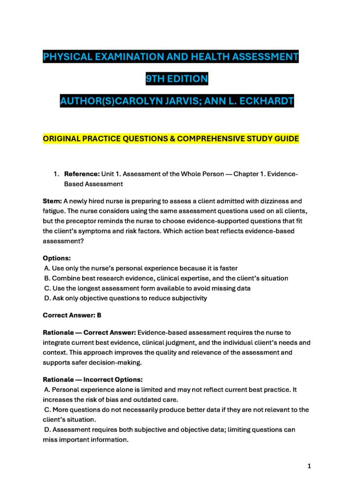 Physical Examination and Health Assessment 9th Edition | Jarvis & Eckhardt | Nursing Study Guide & Practice Questions